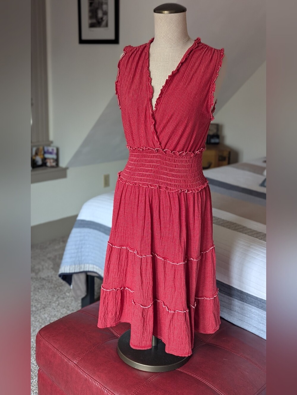 Women's Red Sleeveless Smocked Waist Tiered Midi Dress